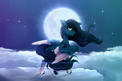 Size: 3543x2362 | Tagged: safe, artist:buvanybu, imported from derpibooru, oc, oc only, oc:daybreak, pegasus, pony, cloud, looking back, moon, night, oc needed, sky, solo, two toned wings, windswept mane, wings