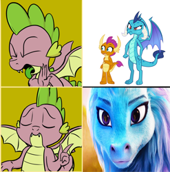 Size: 1350x1365 | Tagged: safe, artist:pony-berserker edits, edit, imported from derpibooru, imported from ponybooru, princess ember, smolder, spike, dragon, disney, exploitable meme, hotline bling, meme, op is a duck, raya and the last dragon, shipping denied, sisu, winged spike, wings
