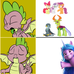 Size: 1350x1365 | Tagged: safe, artist:pony-berserker edits, edit, imported from derpibooru, imported from ponybooru, apple bloom, gabby, izzy moonbow, scootaloo, spike, sweetie belle, thorax, changedling, changeling, dragon, earth pony, griffon, pegasus, pony, unicorn, cutie mark crusaders, exploitable meme, g4, g5, hotline bling, king thorax, meme, shipping denied, winged spike, wings