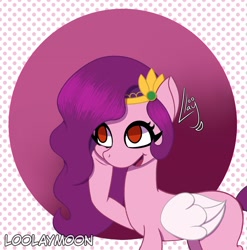 Size: 2026x2048 | Tagged: safe, artist:loolaymoon, imported from derpibooru, pipp petals, pegasus, pony, abstract background, adorapipp, cute, female, g5, high res, mare, open mouth, pipp, raised hoof, signature, solo, text