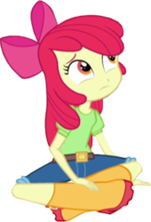 Size: 1087x1600 | Tagged: safe, edit, edited screencap, imported from derpibooru, screencap, apple bloom, human, equestria girls, rainbow rocks, apple bloom's bow, background removed, belt, boots, bow, clothes, cropped, hair bow, jeans, looking up, not a vector, pants, rain boots, shirt, shoes, sitting, solo