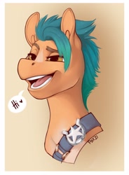 Size: 2060x2800 | Tagged: safe, artist:pixxpal, artist:pixxpalart, imported from derpibooru, hitch trailblazer, earth pony, pony, abstract background, bust, dialogue, g5, high res, male, open mouth, portrait, solo, speech bubble, stallion, teeth