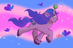 Size: 1772x1181 | Tagged: safe, artist:shacy's pagelings, artist:shacysartothers, imported from derpibooru, izzy moonbow, pony, unicorn, abstract background, ball, bracelet, female, g5, heart, horn, horn guard, horn impalement, hornball, izzy's tennis ball, jewelry, mare, raised hoof, signature, solo, tennis ball, unshorn fetlocks