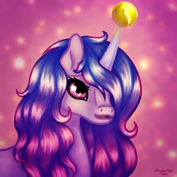 Size: 1181x1181 | Tagged: safe, artist:amynthaa, imported from derpibooru, izzy moonbow, pony, unicorn, abstract background, ball, female, g5, horn, horn guard, horn impalement, hornball, izzy's tennis ball, mare, open mouth, solo, tennis ball