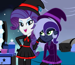 Size: 1280x1118 | Tagged: safe, artist:princessmoonsilver, imported from derpibooru, rarity, oc, oc:krystel, equestria girls, background, base used, clothes, dress, duo, hat, witch hat