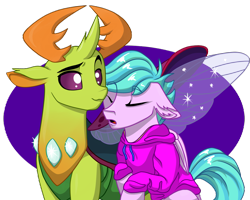 Size: 2125x1700 | Tagged: safe, artist:evergreen-gemdust, artist:olificus, imported from derpibooru, thorax, oc, oc:tranquil neon, changedling, changeling, insect, pegasus, base used, changeling king, clothes, commission, eyes closed, gay, hoodie, king thorax, male, pegasus oc, redraw, shipping, simple background, sleeping, stallion, sweater, transparent background, wings