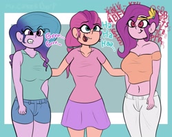 Size: 3000x2400 | Tagged: safe, artist:mrcakesboi, imported from derpibooru, izzy moonbow, pipp petals, sunny starscout, equestria girls, abstract background, angry, bad anatomy, belly button, breasts, busty izzy moonbow, busty pipp petals, busty sunny starscout, clothes, dialogue, equestria girls-ified, female, g5, g5 to equestria girls, grin, high res, izzy moodbow, midriff, open mouth, pants, pipp, pipp is tall, shirt, short shirt, shorts, skirt, smiling, trio