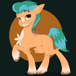 Size: 3000x3000 | Tagged: safe, artist:fluffdragonart, imported from derpibooru, hitch trailblazer, earth pony, pony, abstract background, chest fluff, g5, high res, looking at you, male, raised hoof, smiling, solo, stallion, unshorn fetlocks