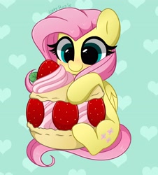 Size: 3697x4096 | Tagged: safe, artist:kittyrosie, imported from derpibooru, fluttershy, pegasus, pony, blushing, cute, daaaaaaaaaaaw, female, food, fruit, green background, heart, herbivore, high res, hungry, macaron, mare, shyabetes, simple background, sitting, solo, strawberry, sweet dreams fuel, weapons-grade cute