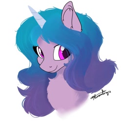 Size: 2000x2000 | Tagged: safe, artist:aurorafang, imported from derpibooru, izzy moonbow, pony, unicorn, bust, chest fluff, cute, ear fluff, female, g5, high res, izzybetes, looking at you, mare, portrait, signature, simple background, smiling, solo, white background