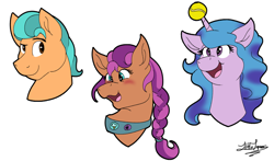 Size: 1700x1000 | Tagged: safe, artist:little tigress, artist:littletigressda, imported from derpibooru, hitch trailblazer, izzy moonbow, sunny starscout, earth pony, pony, unicorn, badge, ball, blushing, braid, bust, female, g5, horn, horn guard, horn impalement, hornball, izzy's tennis ball, male, mare, open mouth, signature, simple background, smiling, stallion, tennis ball, white background