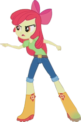 Size: 1137x1700 | Tagged: safe, edit, edited screencap, imported from derpibooru, screencap, apple bloom, equestria girls, rainbow rocks, angry, apple bloom's bow, background removed, belt, boots, bow, clothes, cropped, hair bow, jeans, not a vector, open mouth, pants, pointing, shirt, shoes, solo