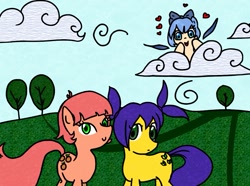 Size: 995x739 | Tagged: artist needed, safe, imported from derpibooru, earth pony, fairy, fairy pony, original species, pony, cirno, cloud, cute, female, females only, heart, mare, momo-tan, ponified, scenery, touhou, tree, trio, trio female, unyl-chan