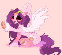 Size: 3680x3291 | Tagged: safe, artist:1fresita, artist:krissstudios, imported from derpibooru, pipp petals, pegasus, pony, adorapipp, chest fluff, cute, female, g5, high res, looking at you, mare, open mouth, pink background, pipp, raised hoof, simple background, sitting, solo, spread wings, wings