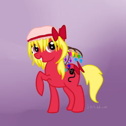 Size: 800x800 | Tagged: safe, artist:mioais, imported from derpibooru, pony, anatomically incorrect, bow, cute, female, flandre scarlet, hat, incorrect leg anatomy, mare, ponified, touhou
