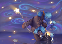 Size: 2400x1700 | Tagged: safe, artist:shady-bush, imported from derpibooru, oc, oc only, oc:lumen, pegasus, pony, female, mare, mouth hold, rope, solo, stars, tangible heavenly object