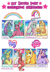 Size: 1305x1860 | Tagged: safe, artist:polymercorgi, imported from derpibooru, anchors away, salty (g1), sea breeze (g2), sea swirl, seafoam, tropical dream, wave runner, dolphin, pony, sea pony, seahorse, six fanarts, aloha pearl, g1, g1 to g4, g2, g2 to g4, g3, g3 to g4, g4, generation challenge, generation leap, her majesty pearl, seabreeze (g2), wet, wet mane