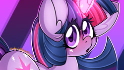 Size: 1280x729 | Tagged: safe, artist:ladylullabystar, imported from derpibooru, twilight sparkle, pony, unicorn, blushing, cropped, cropped porn, explicit source, female, glowing horn, horn, impossibly large ears, looking at you, looking back, looking back at you, magic, mare, shiny, solo, unicorn twilight