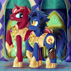 Size: 2000x2000 | Tagged: safe, artist:mediocremare, imported from derpibooru, oc, oc only, oc:blackguard, oc:crimson shield, pony, unicorn, armor, duo, female, golden armor, guard, guardsmare, male, mare, royal guard, shiny, stallion