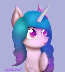 Size: 2000x2200 | Tagged: safe, artist:biskwit, imported from derpibooru, izzy moonbow, pony, unicorn, blue background, bust, chest fluff, cute, female, g5, high res, izzybetes, mare, portrait, raised hoof, signature, simple background, smiling, solo, unshorn fetlocks