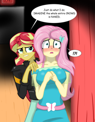Size: 1700x2178 | Tagged: safe, artist:lennondash, imported from derpibooru, fluttershy, sunset shimmer, equestria girls, blushing, breasts, busty fluttershy, busty sunset shimmer, hand on shoulder, joke, nervous, not helping, reference, speech bubble, stage fright, the muppets
