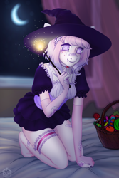 Size: 2000x3000 | Tagged: safe, artist:slh, imported from derpibooru, oc, oc only, anthro, plantigrade anthro, bandaid, bandaid on nose, candy, clothes, evening gloves, food, gloves, halloween, hat, helloween, holiday, long gloves, magic, magic wand, night, nose bandaid, socks, solo, stocking feet, wingding eyes, wizard, wizard hat