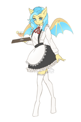 Size: 2000x3000 | Tagged: safe, artist:slh, imported from derpibooru, oc, oc only, anthro, bat pony, blue hair, clothes, cocktail, maid, socks, solo, stockings, thigh highs, tray, waiter, wings
