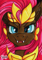 Size: 3453x4869 | Tagged: safe, alternate version, artist:julunis14, imported from derpibooru, fluttershy, pegasus, pony, alternate hairstyle, armor, bust, cheek fluff, ear fluff, fangs, gameloft interpretation, nightmare fluttershy, nightmarified, portrait, signature, solo, traditional art