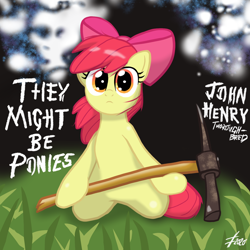 Size: 1400x1400 | Tagged: safe, artist:lennondash, imported from derpibooru, apple bloom, earth pony, pony, album parody, kneeling, pickaxe, ponified, ponified album cover, they might be giants