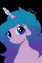 Size: 1440x2146 | Tagged: safe, artist:onistarflower, imported from derpibooru, izzy moonbow, pony, unicorn, black background, cute, female, g5, glowing horn, horn, izzybetes, looking at you, mare, signature, simple background, smiling, solo, wrong eye color