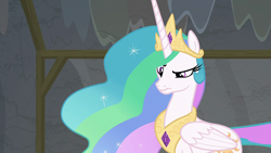 Size: 1920x1080 | Tagged: safe, imported from derpibooru, screencap, princess celestia, alicorn, pony, horse play, celestia is not amused, crown, ethereal mane, female, flowing mane, folded wings, jewelry, mare, multicolored mane, multicolored tail, raised eyebrow, regalia, skeptical, solo, unamused
