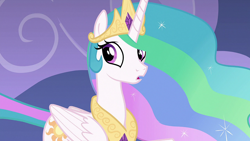 Size: 1920x1080 | Tagged: safe, imported from derpibooru, screencap, princess celestia, alicorn, pony, horse play, crown, female, jewelry, looking back, mare, open mouth, regalia, solo