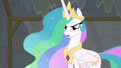 Size: 1920x1080 | Tagged: safe, imported from derpibooru, screencap, princess celestia, alicorn, pony, horse play, angry, crown, female, jewelry, mare, open mouth, regalia, solo