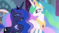 Size: 1920x1080 | Tagged: safe, imported from derpibooru, screencap, princess celestia, princess luna, alicorn, pony, the beginning of the end, beautiful, crown, duo, duo female, eyes closed, female, giggling, grin, hoof on chest, hoof shoes, jewelry, mare, regalia, royal sisters, siblings, sisters, smiling, teeth, throne room