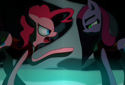 Size: 1024x699 | Tagged: safe, edit, editor:tcgamebot, imported from derpibooru, pinkie pie, earth pony, cave, clothes, confrontation, dr jekyll and mr hyde, dr pinkie and miss pie, drama, dramatic, duality, female, fight, inner demons, mare, mirror pool, pinkamena diane pie, smiling