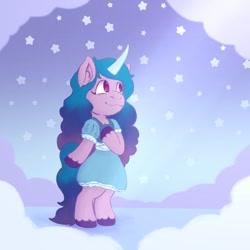 Size: 1080x1080 | Tagged: safe, artist:honiydu, imported from derpibooru, izzy moonbow, pony, semi-anthro, unicorn, bipedal, clothes, cloud, cute, dress, ear fluff, female, g5, izzybetes, mare, skirt, sky, solo, stars, unshorn fetlocks