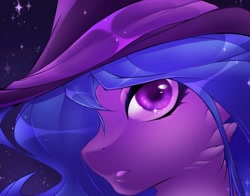 Size: 1729x1358 | Tagged: safe, artist:mazerun12086913, imported from derpibooru, izzy moonbow, pony, female, g5, hat, looking at you, mare, night, solo, stars