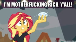 Size: 600x337 | Tagged: safe, edit, edited screencap, imported from derpibooru, screencap, sunset shimmer, equestria girls, equestria girls series, opening night, caption, diamond, director shimmer, female, headset, image macro, memeful.com, opening night: sunset shimmer, solo, teeth, text, vulgar