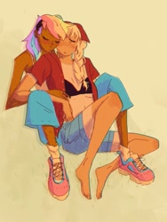 Size: 1536x2048 | Tagged: safe, imported from derpibooru, applejack, rainbow dash, human, appledash, barefoot, bra, clothes, dark skin, feet, female, humanized, lesbian, midriff, shipping, shirt, shoes, sleeping, sneakers, socks, tan skin, tanktop, underwear