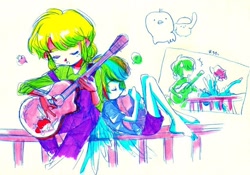 Size: 1024x717 | Tagged: source needed, safe, artist:0828m, imported from derpibooru, applejack, rainbow dash, equestria girls, appledash, barefoot, feet, female, guitar, lesbian, musical instrument, shipping, singing, sleeping