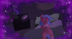 Size: 1590x869 | Tagged: safe, artist:nootaz, imported from derpibooru, oc, oc:blitz razorwind, pegasus, pony, alarm clock, bed, clock, coat markings, lamp, male, sleeping, socks (coat markings), stallion