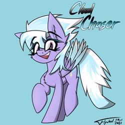 Size: 4500x4500 | Tagged: safe, artist:flywheel, imported from derpibooru, cloudchaser, pegasus, pony, blue background, chest fluff, ear fluff, eye clipping through hair, female, looking at you, mare, raised hoof, raised leg, simple background, smiling, smiling at you, solo, two toned wings, wings