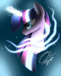 Size: 2000x2500 | Tagged: safe, artist:aryatheeditor, imported from derpibooru, sci-twi, twilight sparkle, pony, unicorn, equestria girls, badass, beautiful, blue background, blue eyes, bust, cute, digital art, element of magic, equestria girls ponified, female, geode of telekinesis, glasses, glow, glowing, glowing eyes, glowing horn, head, heterochromia, horn, looking up, magic, magic aura, magical geodes, nerd, ponified, powerful sparkle, simple background, snow, twiabetes, unicorn sci-twi, unicorn twilight