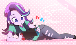 Size: 1430x855 | Tagged: safe, artist:fuyugi, artist:nendo, imported from derpibooru, starlight glimmer, equestria girls, abstract background, beanie, clothes, console, female, hat, lying down, nintendo, nintendo switch, playing, playing video games, solo