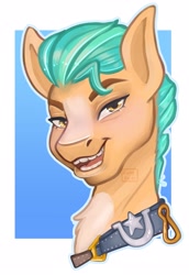 Size: 2503x3634 | Tagged: safe, artist:funky_furs, artist:funkyfurs, imported from derpibooru, hitch trailblazer, earth pony, pony, abstract background, bust, chest fluff, g5, high res, human teeth, looking at you, male, open mouth, portrait, solo, stallion, teeth