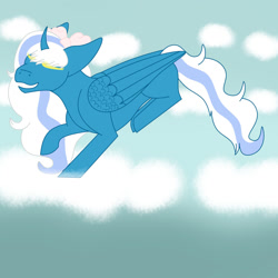 Size: 1280x1280 | Tagged: safe, artist:exp-adoptables, imported from derpibooru, oc, oc:fleurbelle, alicorn, alicorn oc, bow, cloud, eyes closed, female, hair bow, horn, mare, walking on clouds, wings