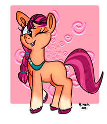 Size: 1280x1480 | Tagged: safe, artist:kinatokoejirosan, imported from derpibooru, sunny starscout, earth pony, pony, abstract background, badge, braid, cute, female, g5, mare, one eye closed, open mouth, signature, solo, sunnybetes