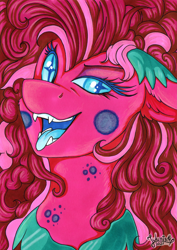 Size: 3461x4896 | Tagged: safe, artist:julunis14, imported from derpibooru, part of a set, pinkie pie, earth pony, pony, bust, ear fluff, fangs, gameloft interpretation, nightmare pinkie, nightmarified, portrait, solo, tongue out, wingding eyes