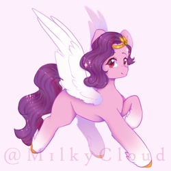 Size: 1200x1200 | Tagged: safe, artist:m1lkycloud, imported from derpibooru, pipp petals, pegasus, pony, female, g5, looking at you, mare, pipp, raised hoof, simple background, solo, spread wings, text, unshorn fetlocks, white background, wings