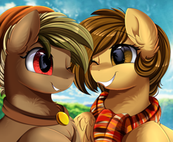 Size: 3215x2640 | Tagged: safe, artist:pridark, imported from derpibooru, imported from ponybooru, oc, oc only, pegasus, pony, clothes, cute, duo, looking at each other, ocbetes, one eye closed, raffle winner, red eyes, scarf, smiling